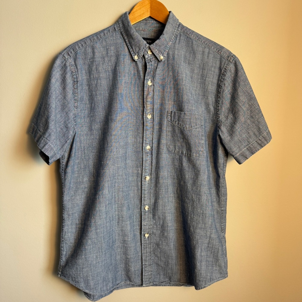 J.Crew Factory Mens‎ Chambray Button Down Short Sleeve Shirt Blue Size Large